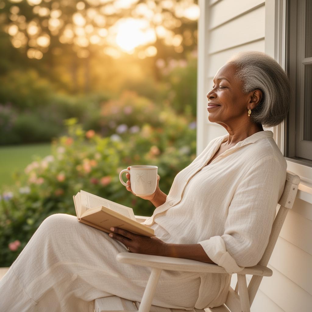 A resident enjoying a peaceful morning on her cottage porch