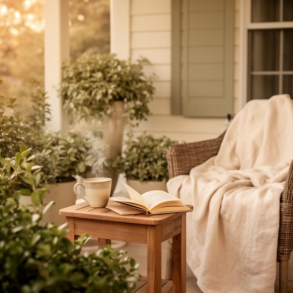 Cottage porch with morning coffee and a soft linen throw